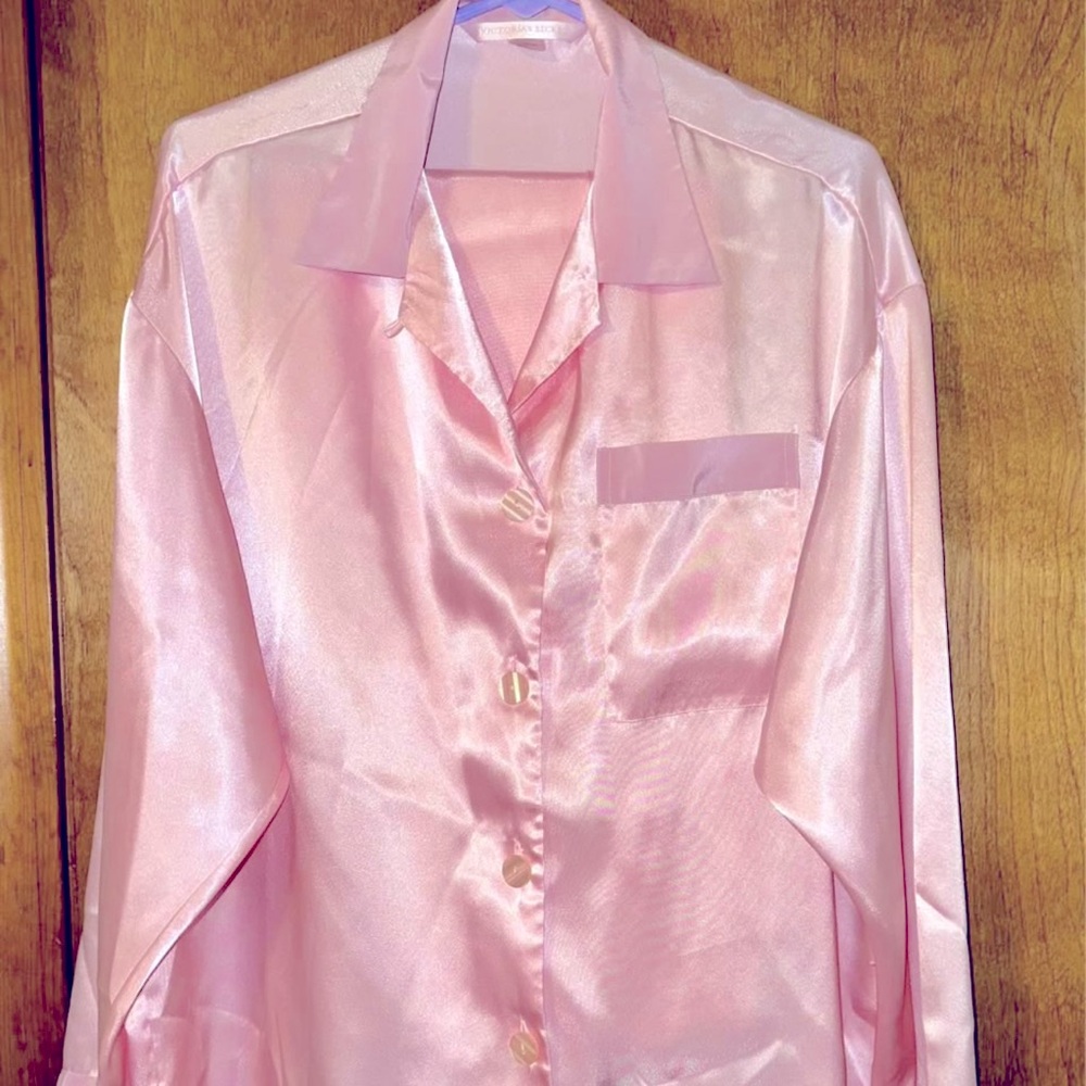 Pink Satin Button-Up pajama shirt & matching pants.